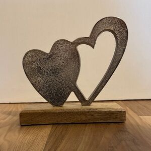 Silver Heart Sculpture on Wooden Base